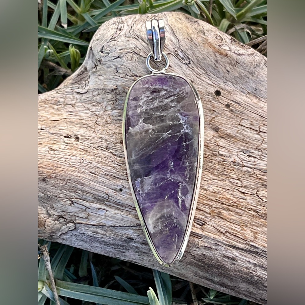 Natural Raw Rough Amethyst Teardrop 925 Sterling Silver Pendant